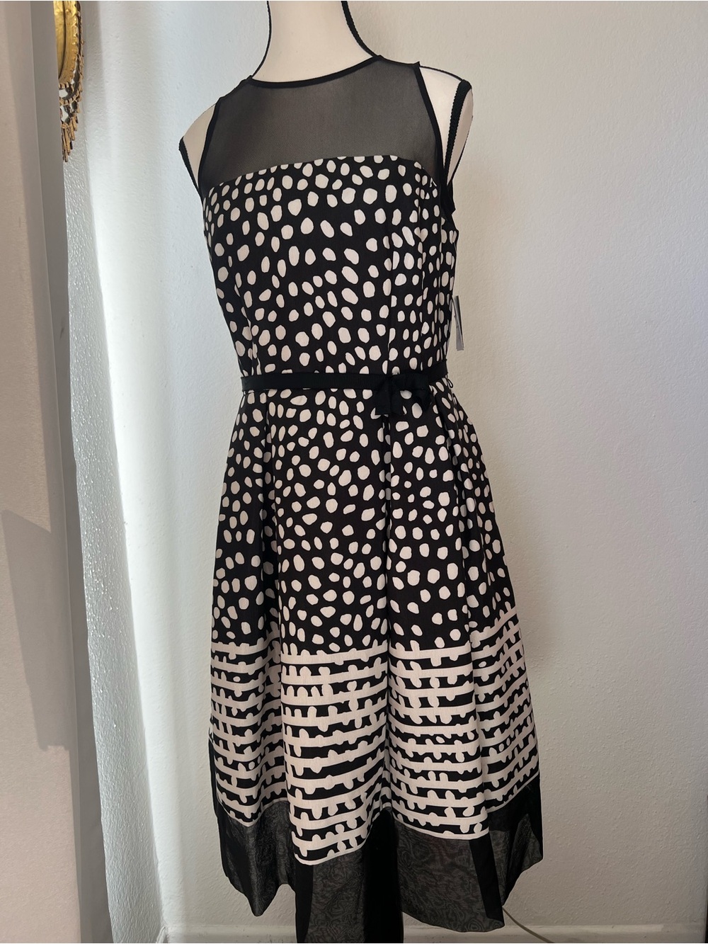Taylor Black and White Polka Dot Mesh Yoke Midi Dress